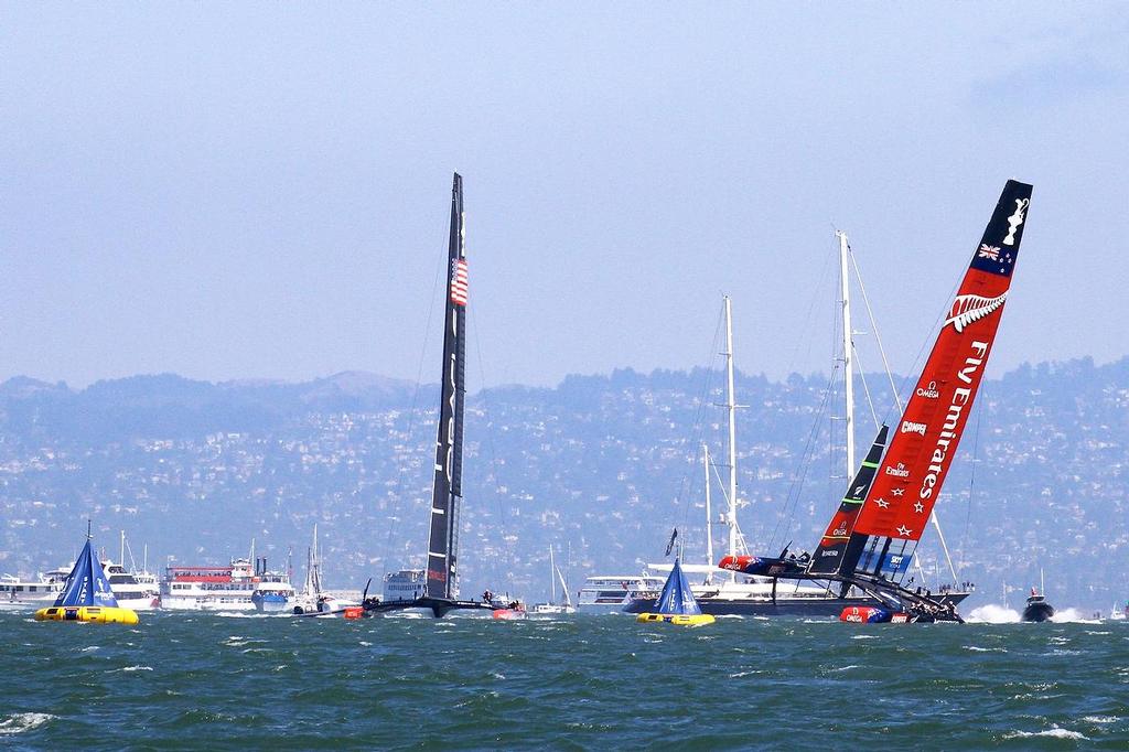 Oracle Team USA v Emirates Team New Zealand. America’s Cup Day 5 San Francisco. Emirates Team NZ comes close to a capsize in Race 8 as Oracle Team USA avoids - 8 © Richard Gladwell www.photosport.co.nz